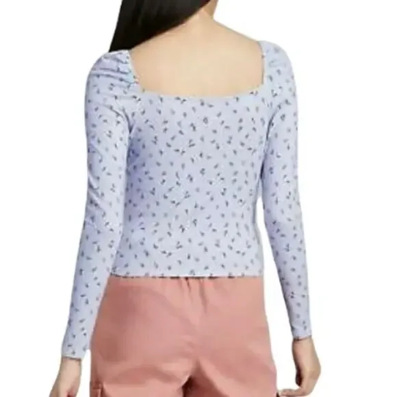 Wild Fable Top Womens XL Blue Floral Square Neck Long Sleeve Fitted Stretch - Picture 3 of 7
